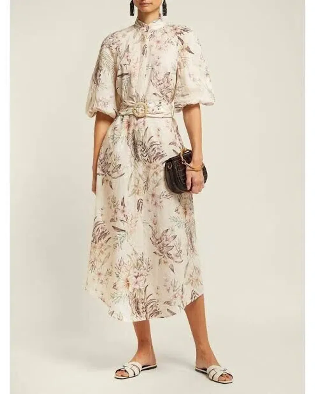 Zimmermann Wayfarer Puff Sleeve Linen Day Tea Shirt Dress Cream Floral Size 2 / AU 12 for rent on The Volte - main image