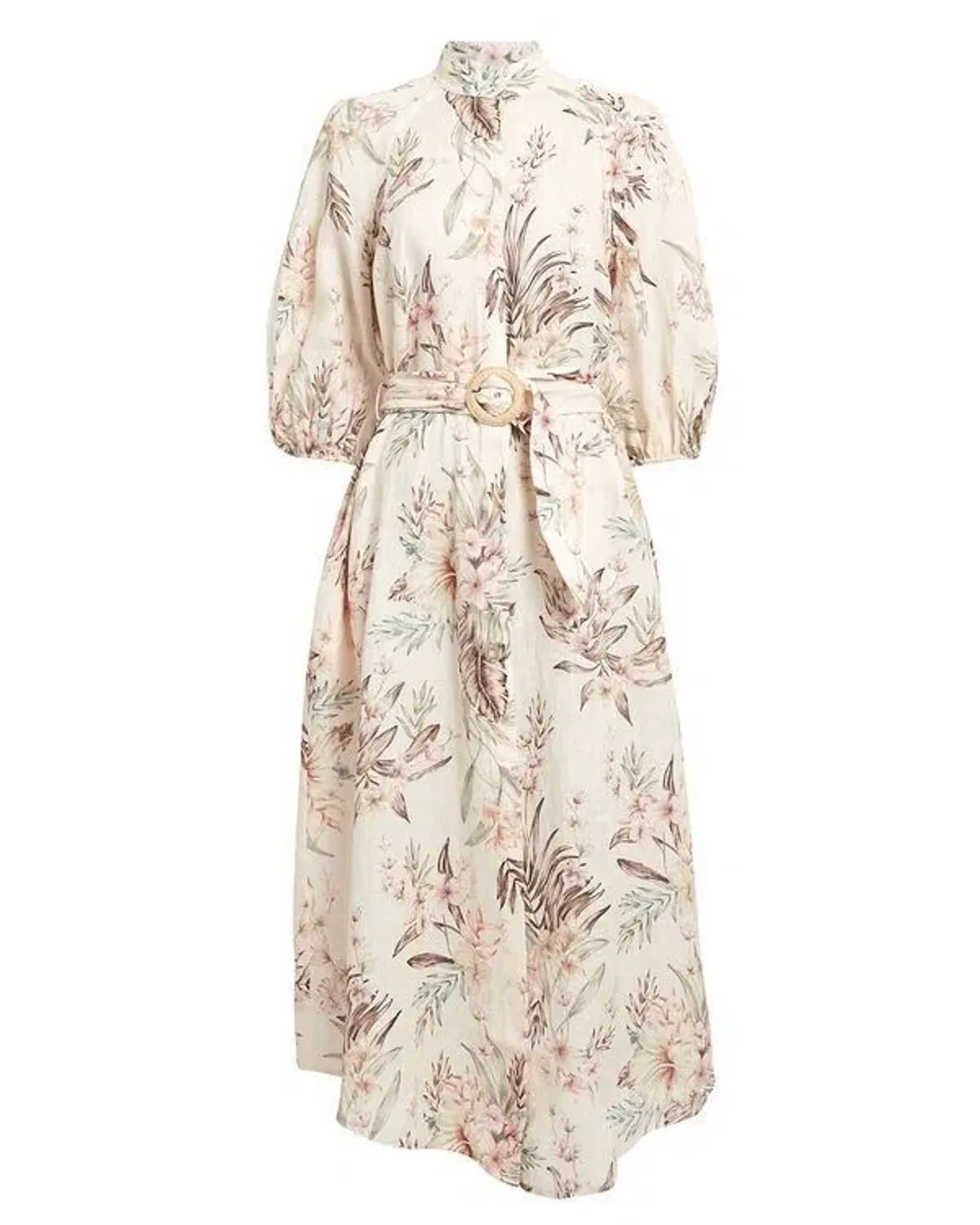 Zimmermann Wayfarer Puff Sleeve Linen Day Tea Shirt Dress Cream Floral Size 2 / AU 12 for rent on The Volte - main image