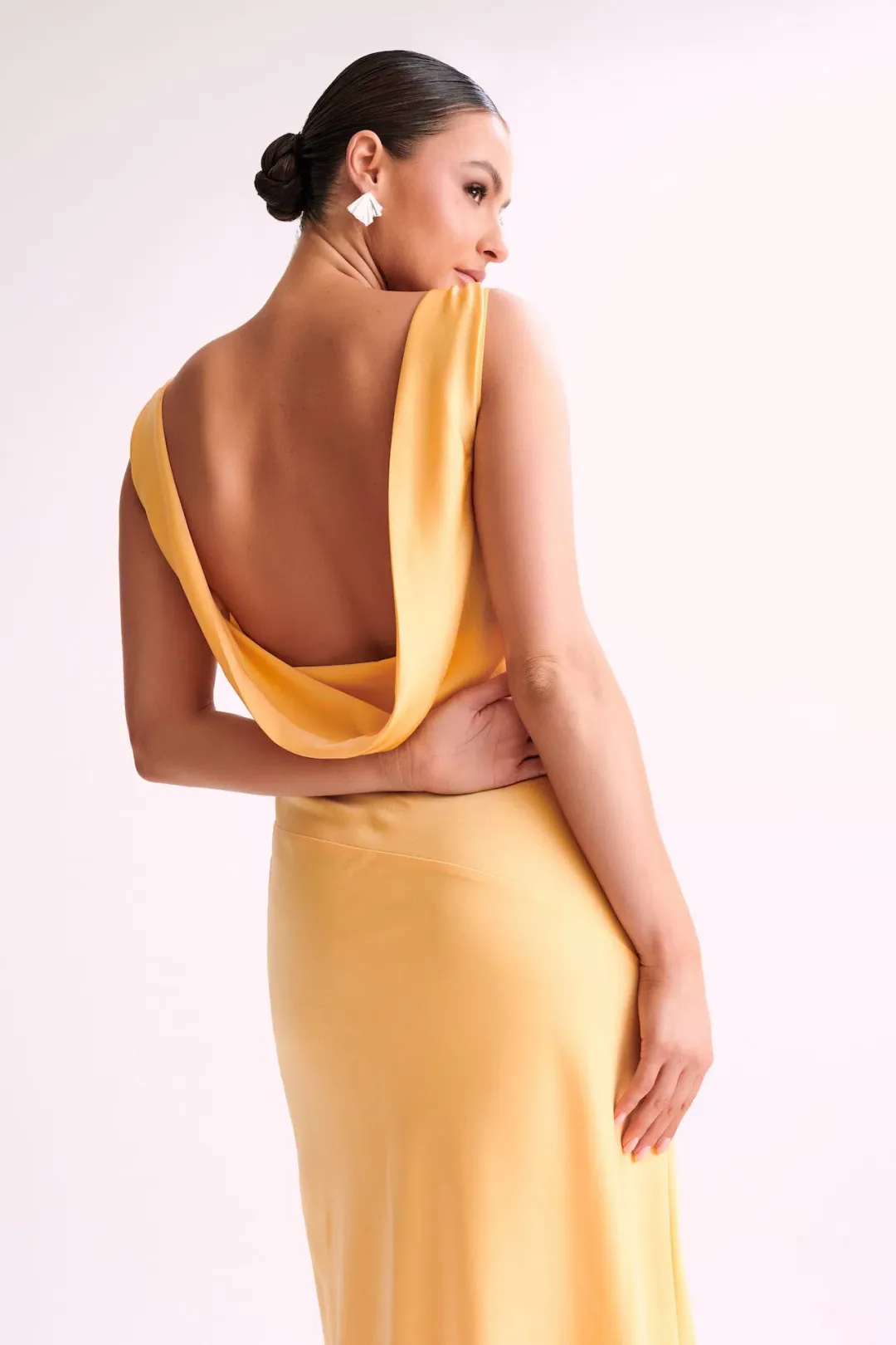 Meshki Nadia Satin Maxi Dress With Back Cowl Lemon Size XXL / AU 16 for rent on The Volte - main image