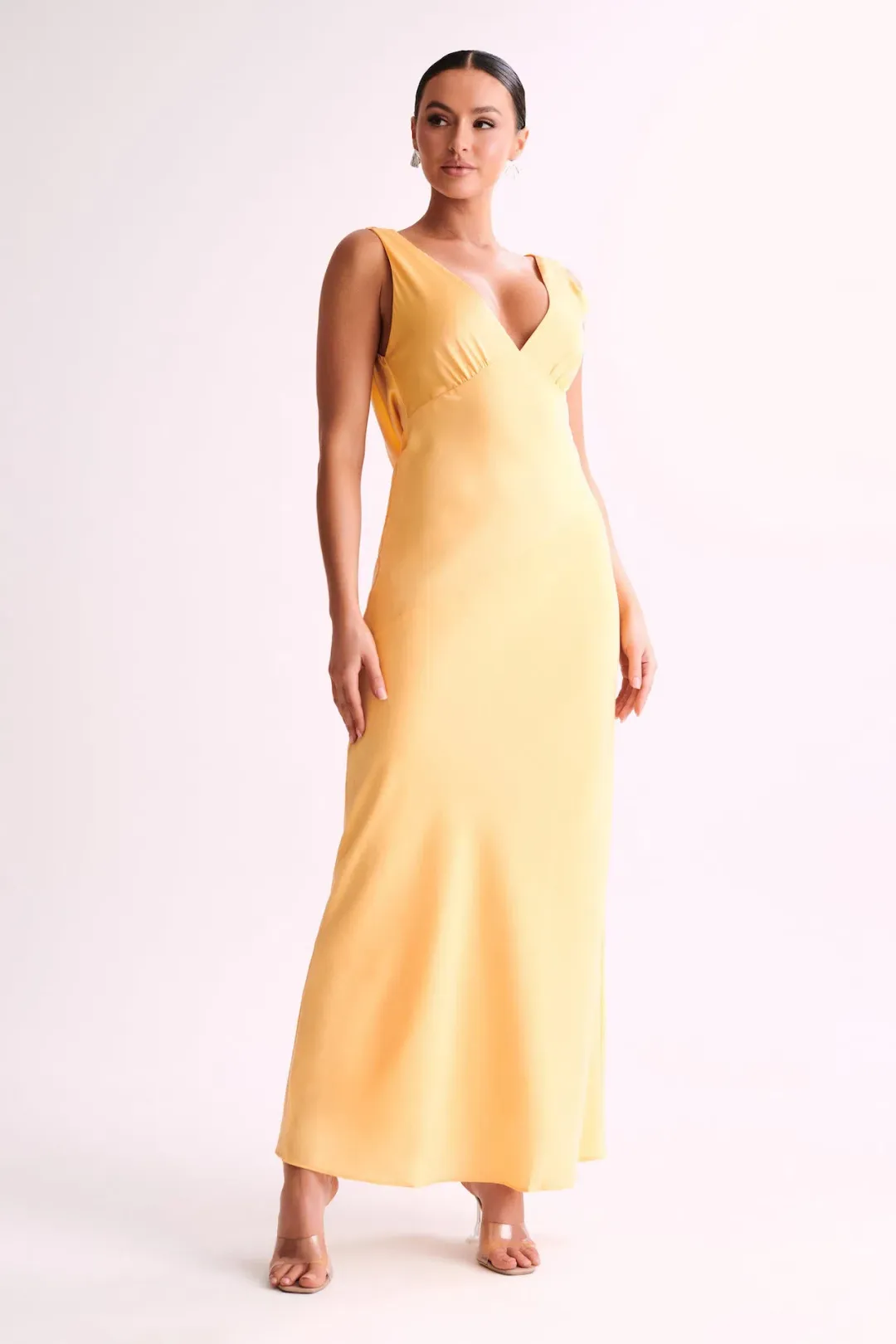 Meshki Nadia Satin Maxi Dress With Back Cowl Lemon Size XXL / AU 16 for rent on The Volte - main image