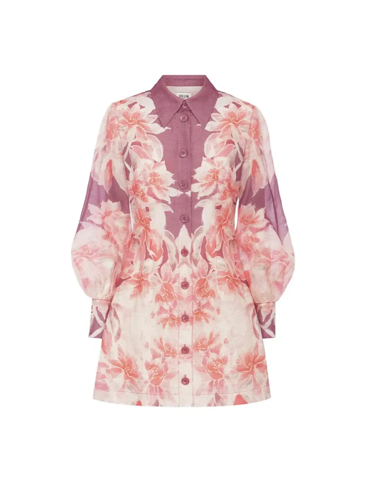 Leo Lin Luminous Silk Linen Mini Dress in Orient Print in Hibiscus Pink Size 10 - Image 7