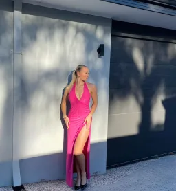 With Harper Lu Halter Maxi Dress in Fuchsia Size XS (AU 6) for rent on The Volte - image 4