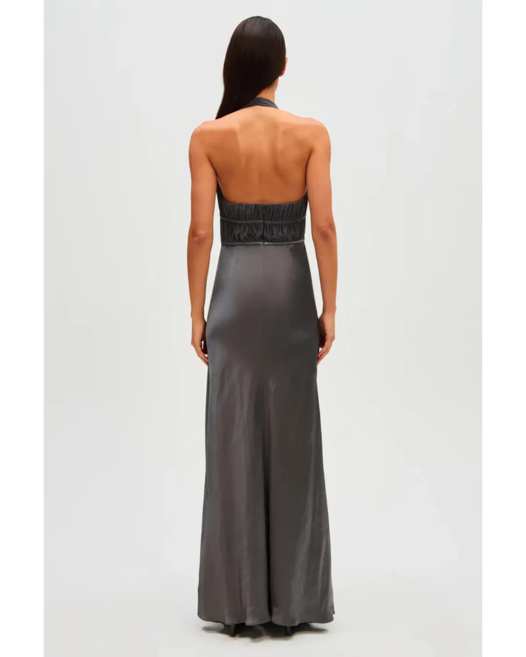 MISHA Celine Satin Maxi Dress Pewter Size 6/XS for rent on The Volte - main image