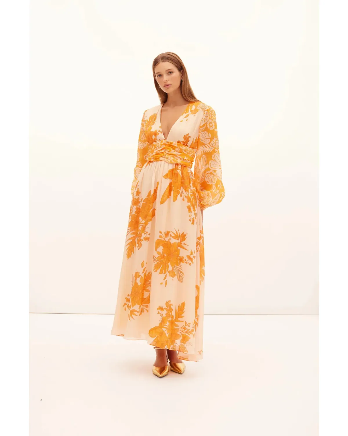 Kate Ford Hester Ruched Gown Orange Print Size AU 12 - Image 1