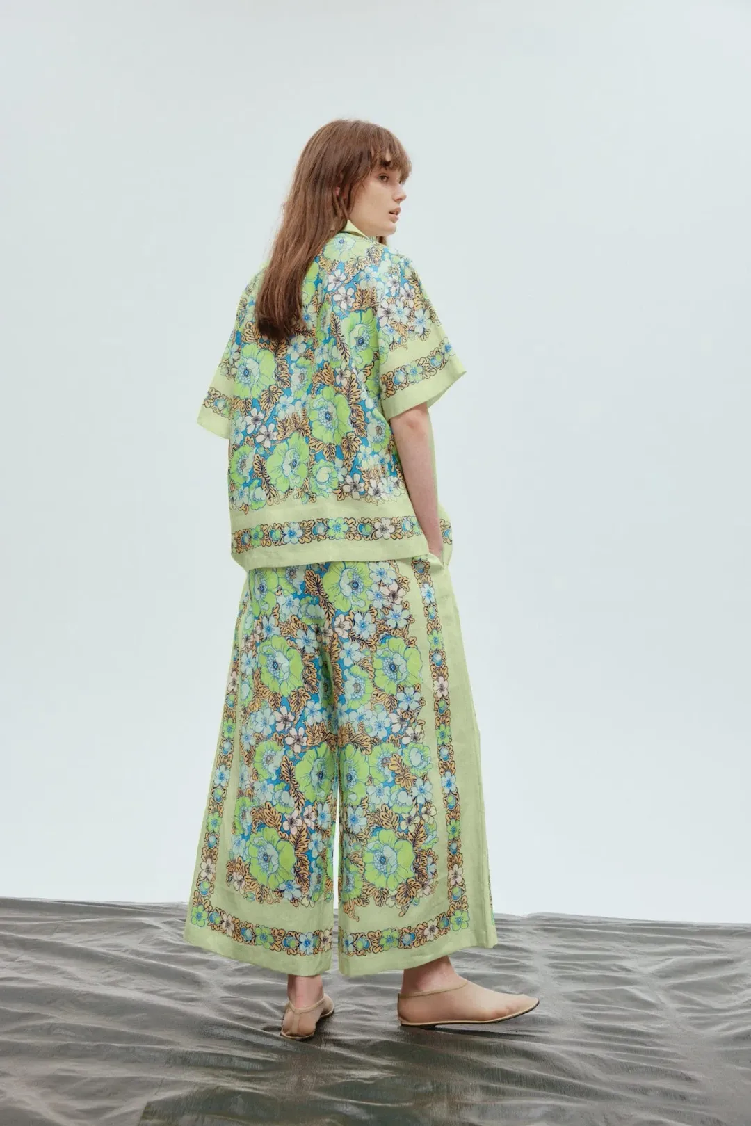 Alemais Velma Oversized Linen Shirt and Pants Set Green Floral Size AU 16 for rent on The Volte - main image