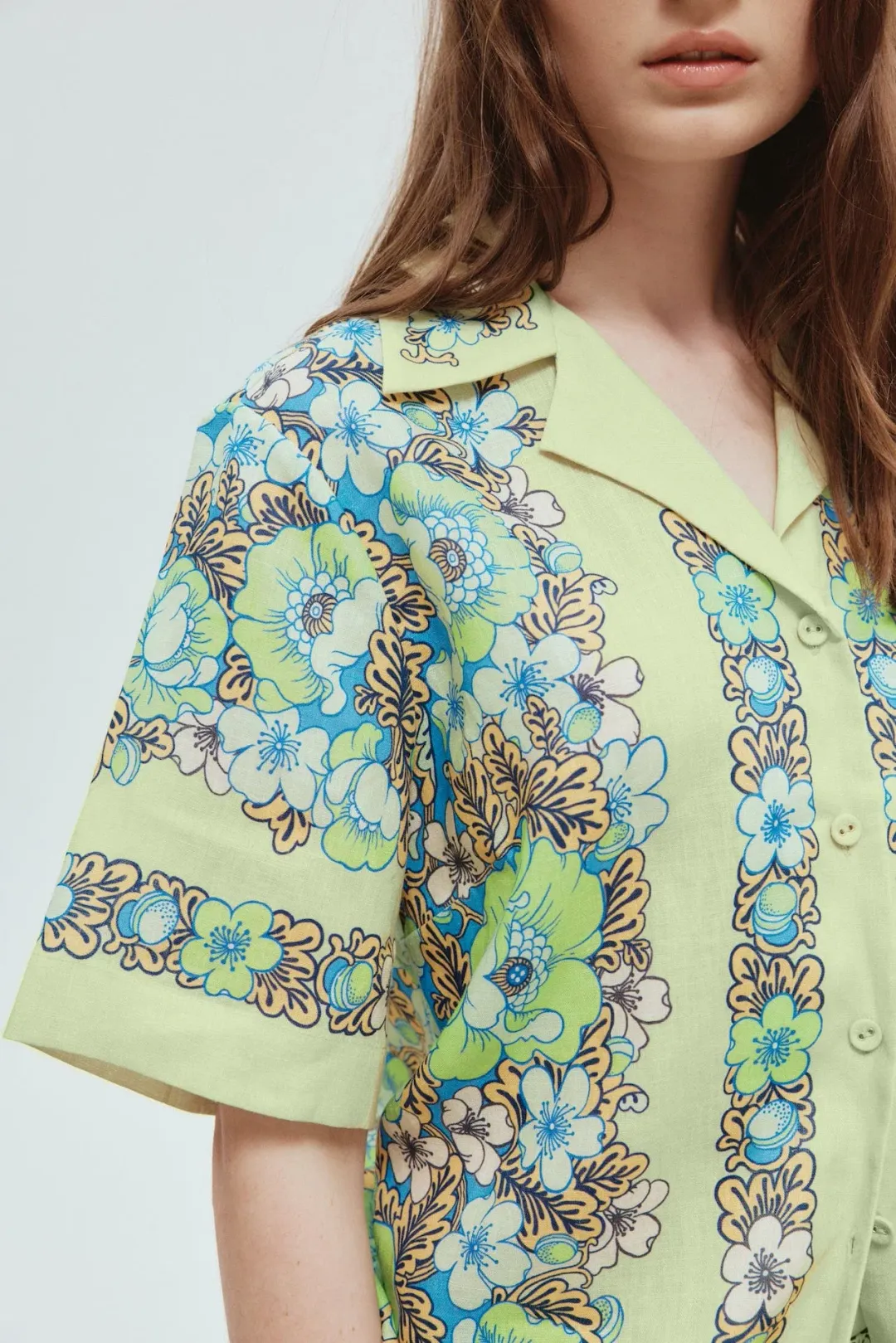 Alemais Velma Oversized Linen Shirt and Pants Set Green Floral Size AU 16 for rent on The Volte - main image