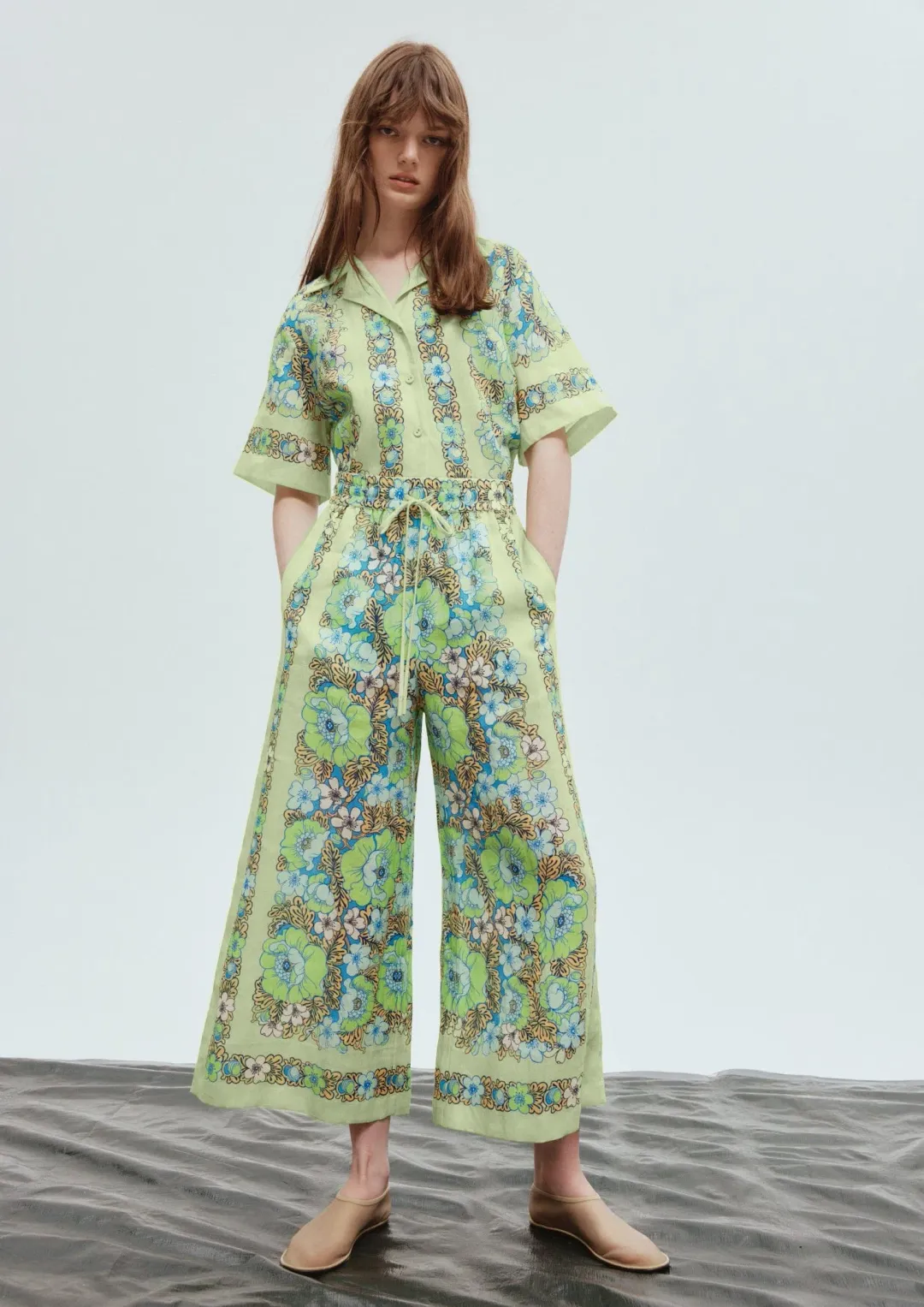 Alemais Velma Oversized Linen Shirt and Pants Set Green Floral Size AU 16 for rent on The Volte - main image
