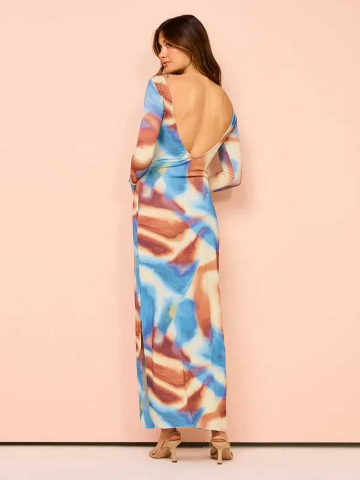 Issy Long Sleeve Maxi Dress In Blue Marble Size 8 - Image 2
