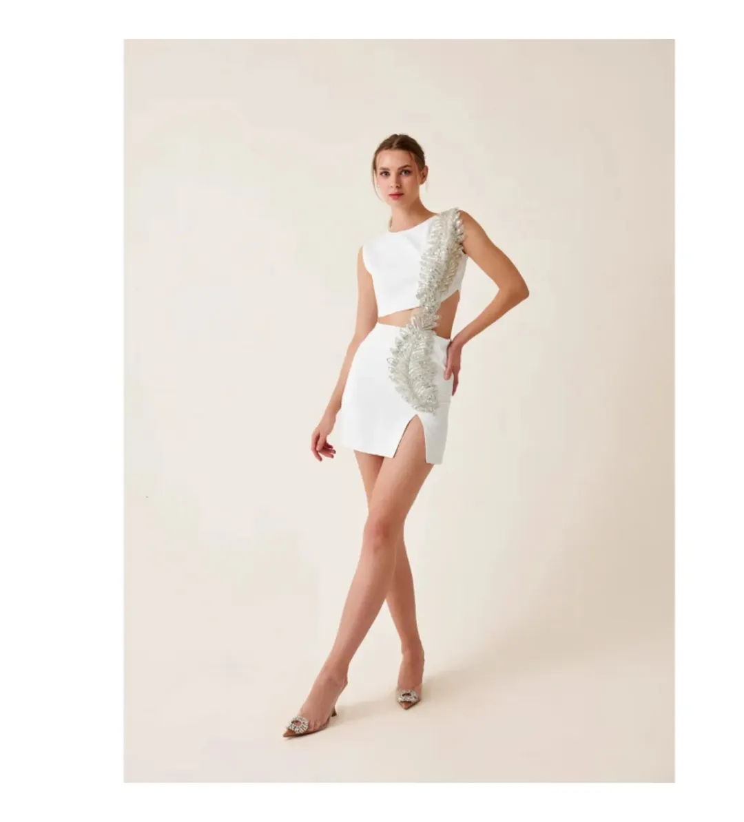 Fickle Hearts Ellie Ecru White Mini Dress With Cutouts & Embellishment Size AU 6 for rent on The Volte - main image