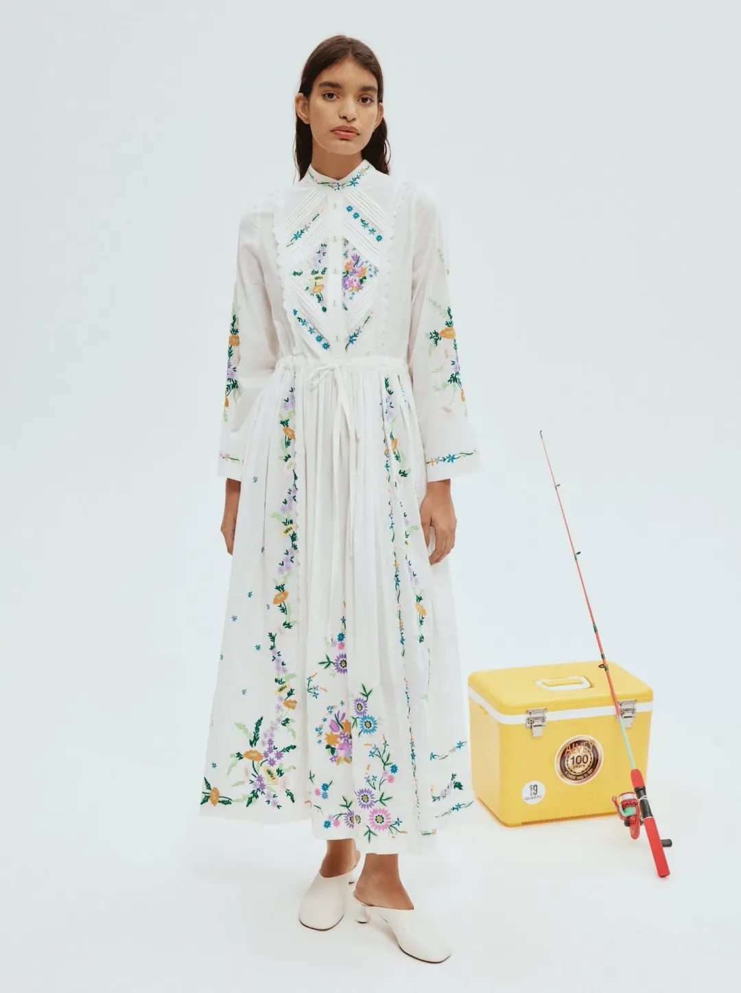 Alemais Willa Embroidered Midi Shirt Dress White Floral Size 16 for rent on The Volte - main image