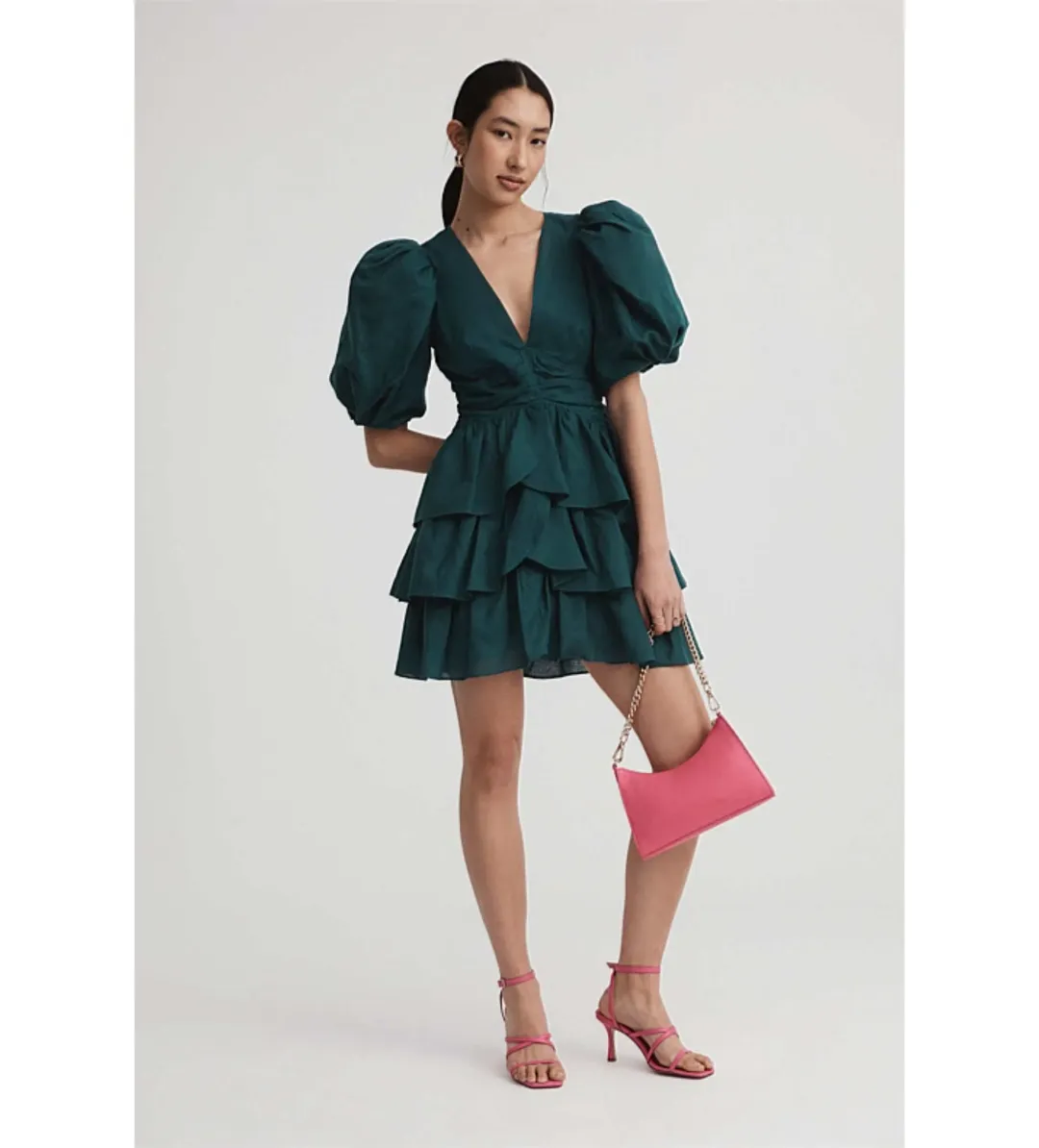 Witchery Ruffle Skirt Mini Dress Dark Emerald Green Size 10 for rent on The Volte - main image