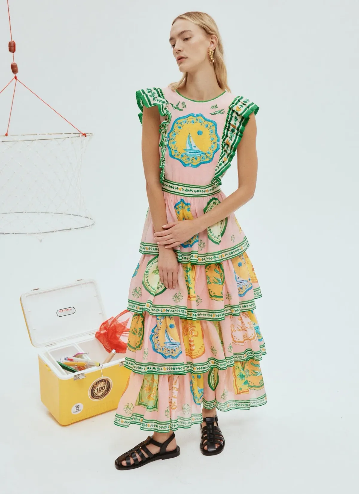 Alemais Porcelain Frill Midi Dress Multi Print Size 16 - Image 1