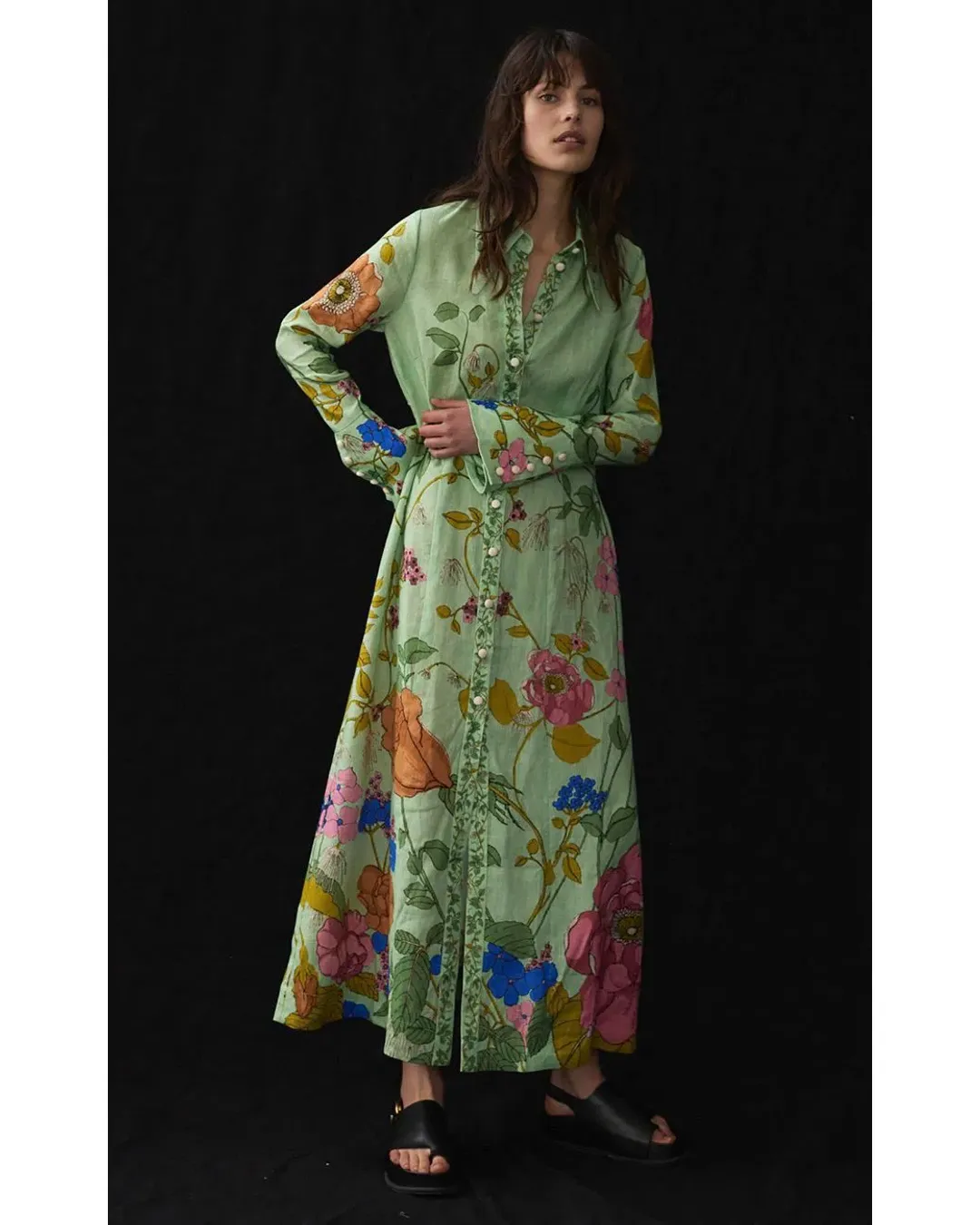 Alemais Olivia Floral Linen Maxi Shirt Dress Green Size 16 for rent on The Volte - main image