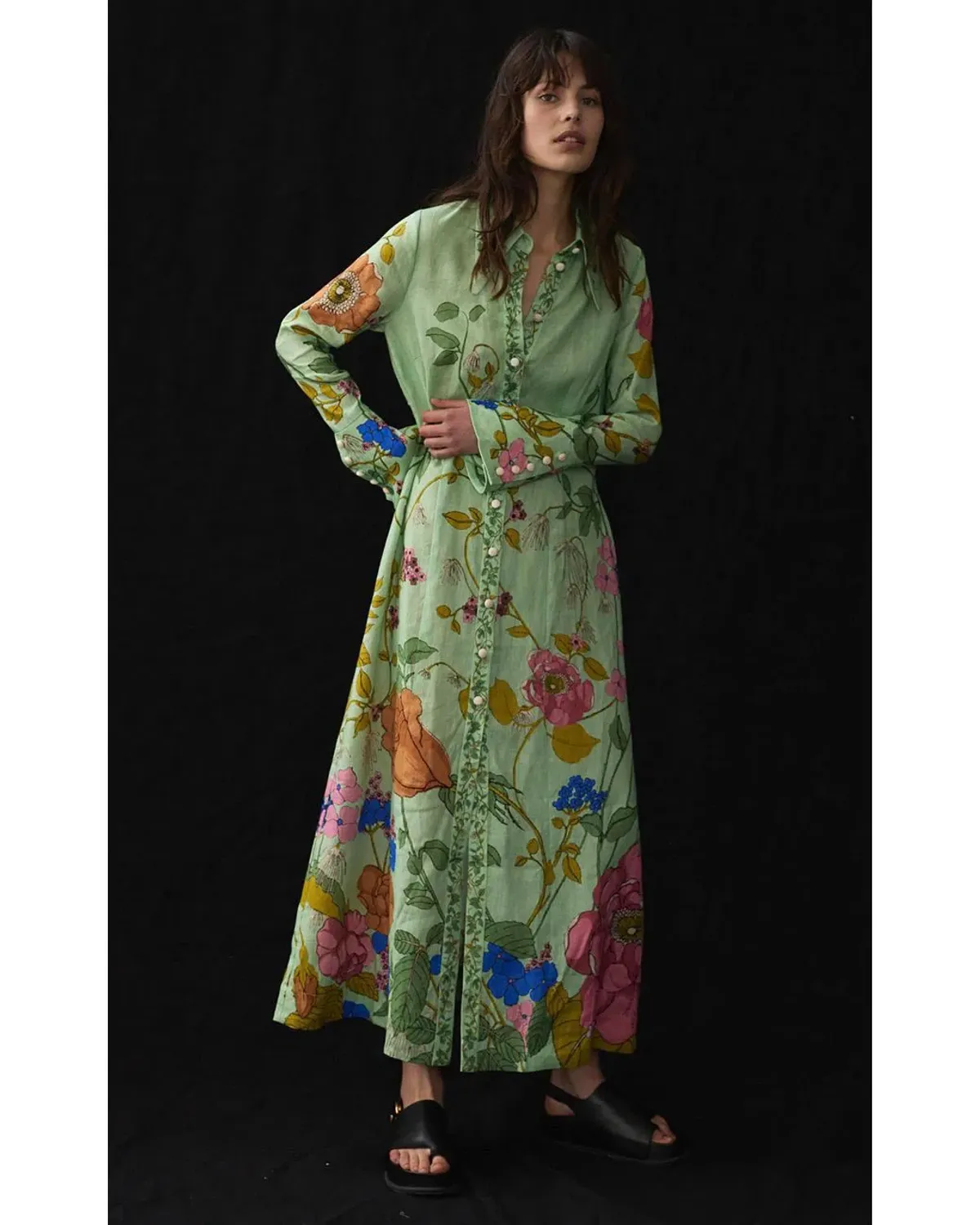 Alemais Olivia Floral Linen Maxi Shirt Dress Green Size 16 - Image 2
