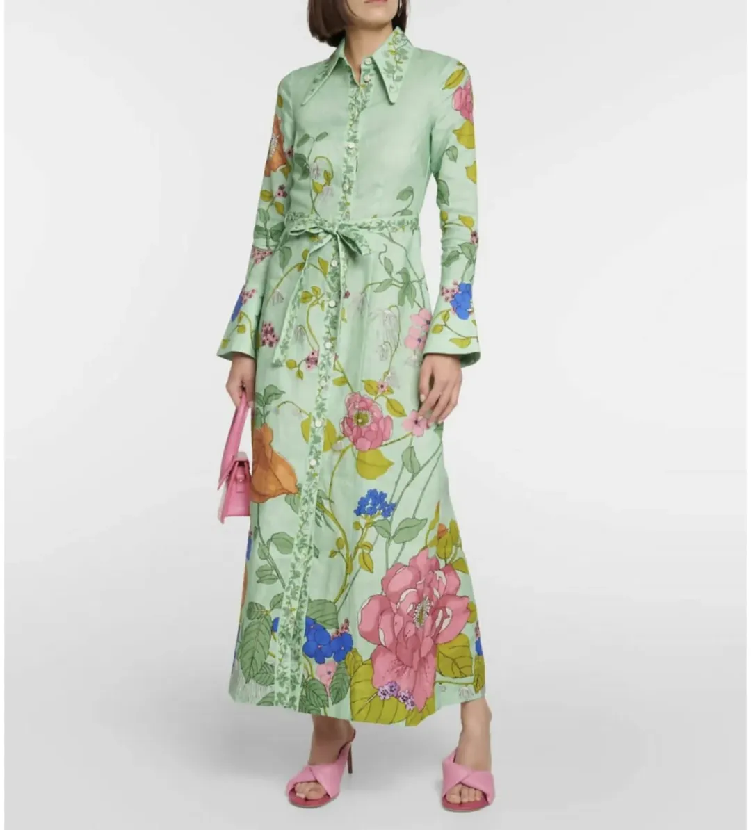 Alemais Olivia Floral Linen Maxi Shirt Dress Green Size 16 for rent on The Volte - main image