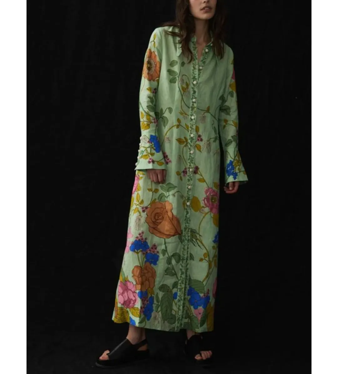 Alemais Olivia Floral Linen Maxi Shirt Dress Green Size 16 for rent on The Volte - main image