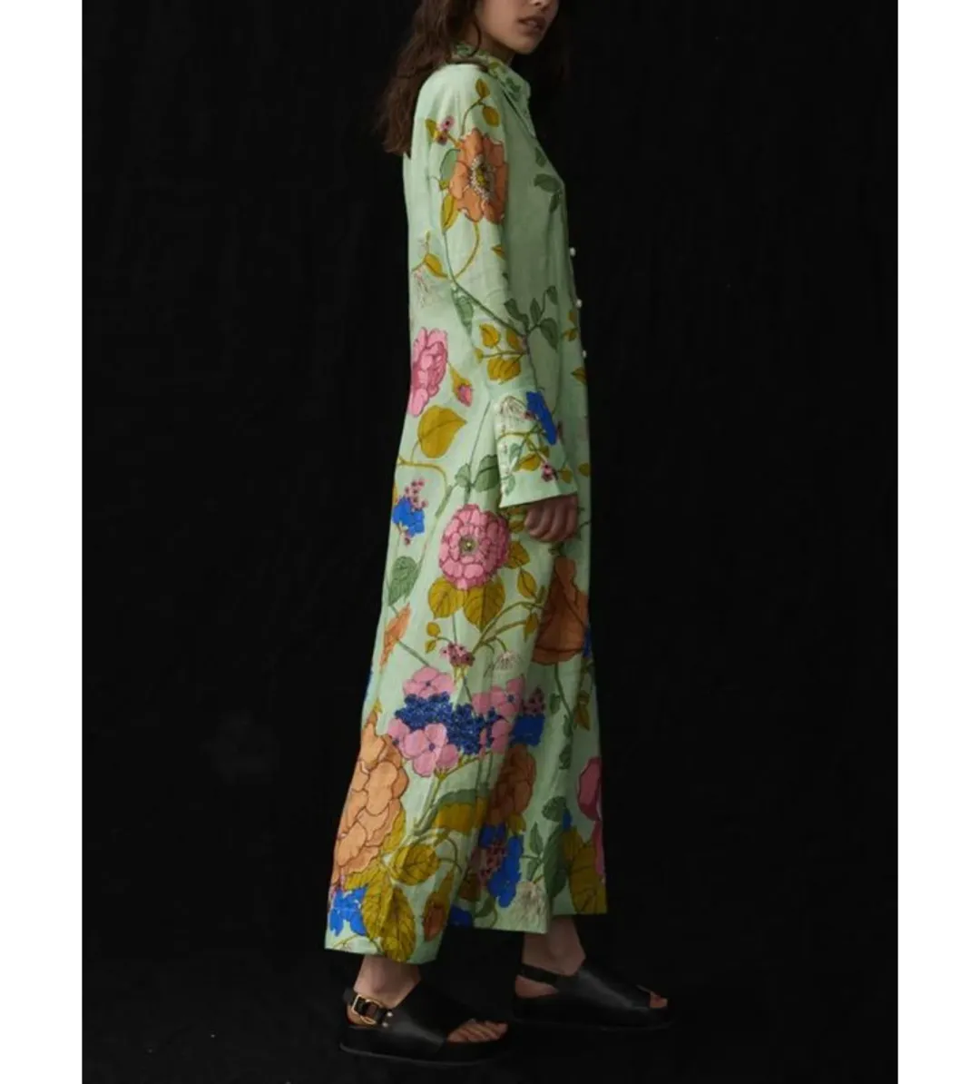 Alemais Olivia Floral Linen Maxi Shirt Dress Green Size 16 for rent on The Volte - main image