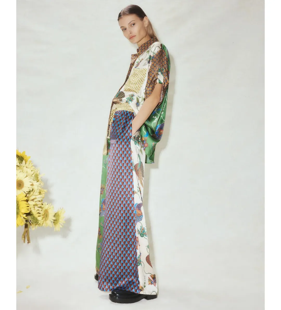 Alemais Birdie Spliced Silk Shirt and Pants Set Multi Print Size 14 for rent on The Volte - main image