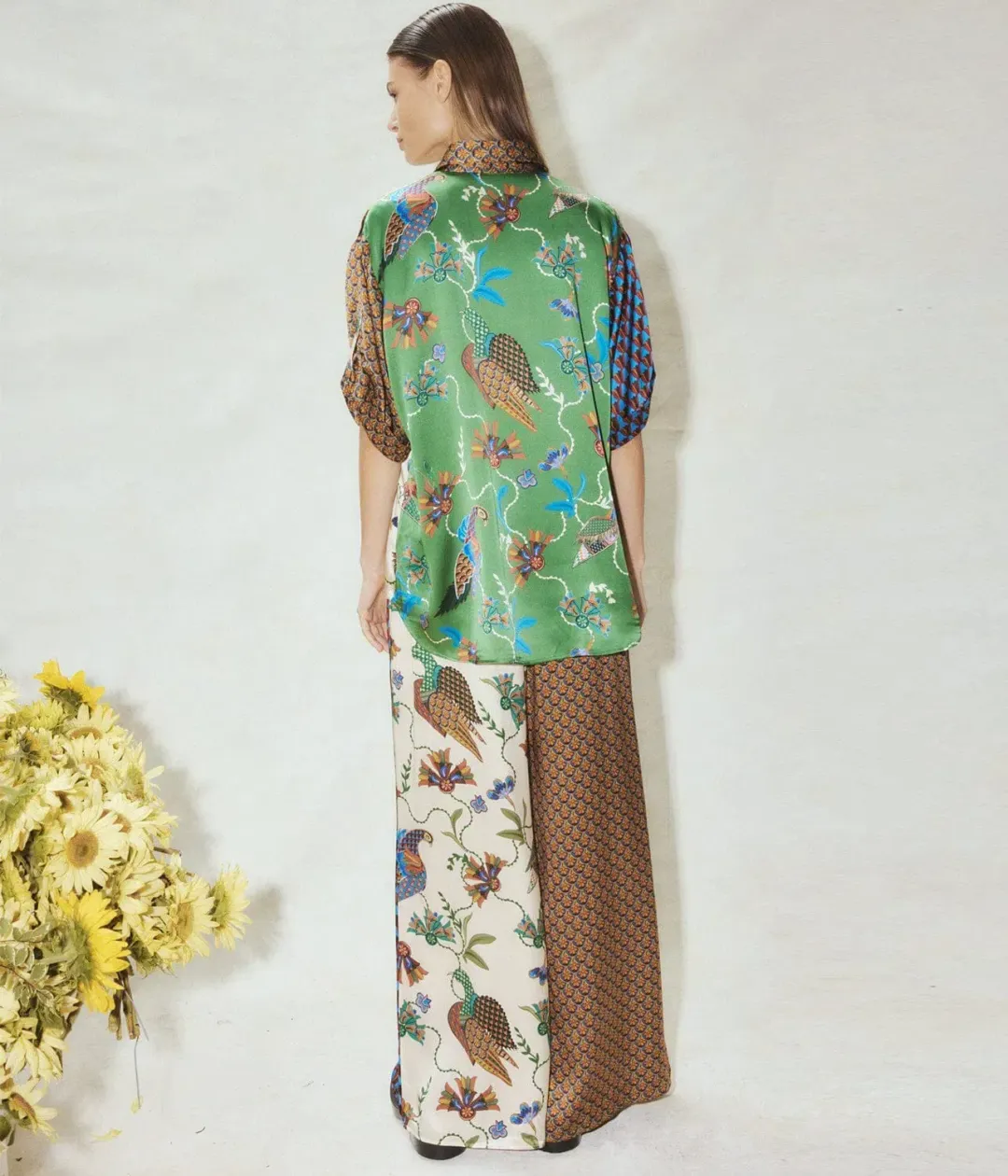 Alemais Birdie Spliced Silk Shirt and Pants Set Multi Print Size 14 for rent on The Volte - main image