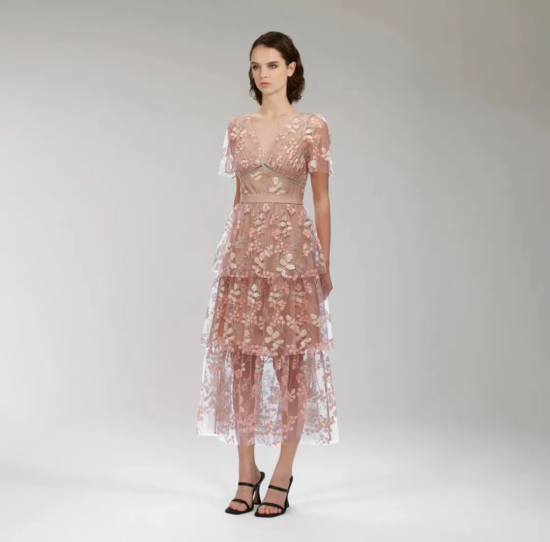 Self Portrait Flower Mesh Tiered Midi Dress Pink Size 12 for rent on The Volte - main image