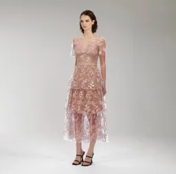 Self Portrait Flower Mesh Tiered Midi Dress Pink Size 12 for rent on The Volte - image 2