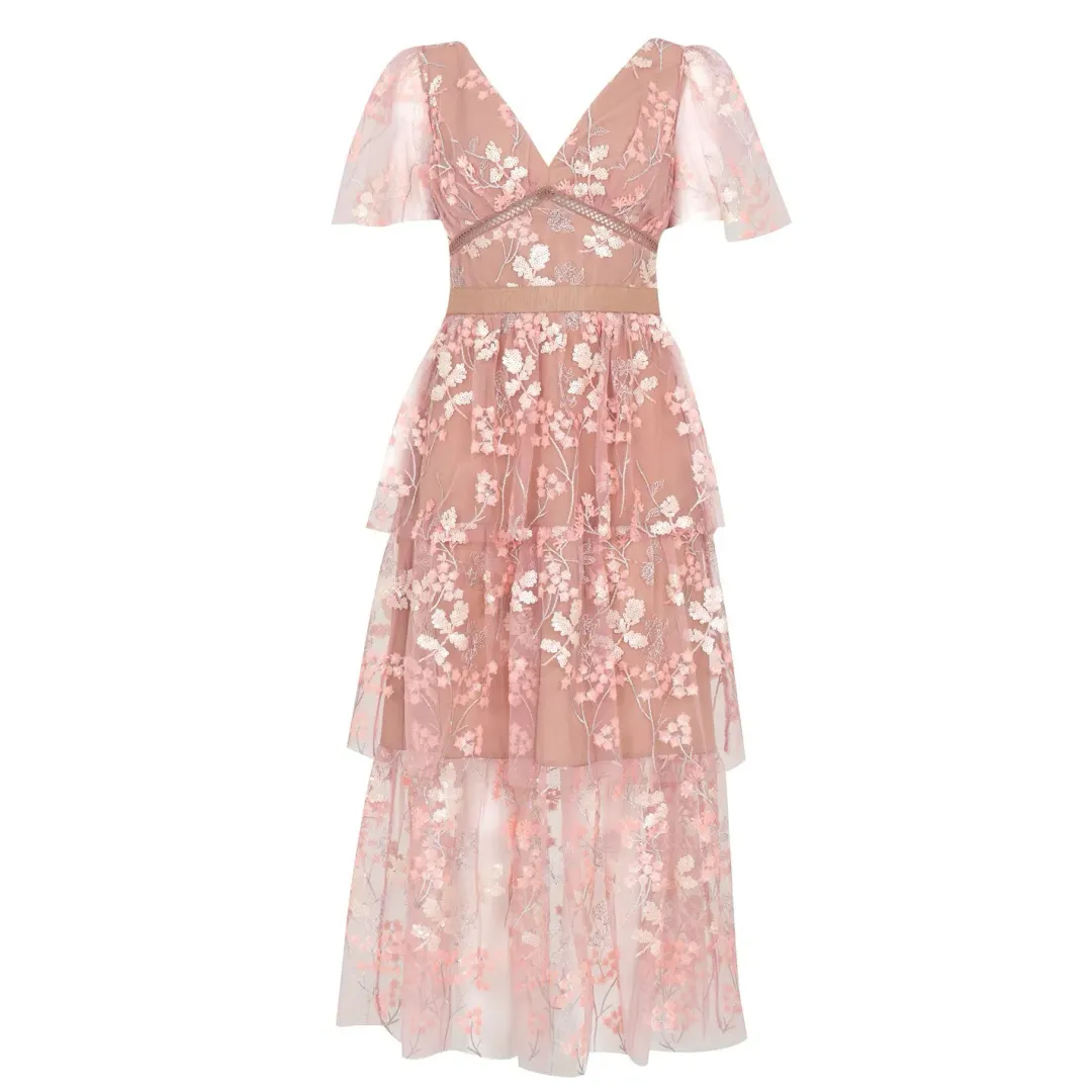 Self Portrait Flower Mesh Tiered Midi Dress Pink Size 12 for rent on The Volte - main image