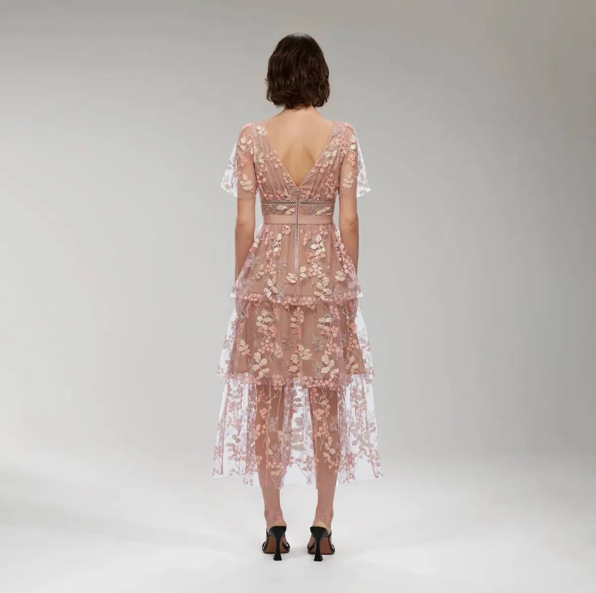 Self Portrait Flower Mesh Tiered Midi Dress Pink Size 12 - Image 3