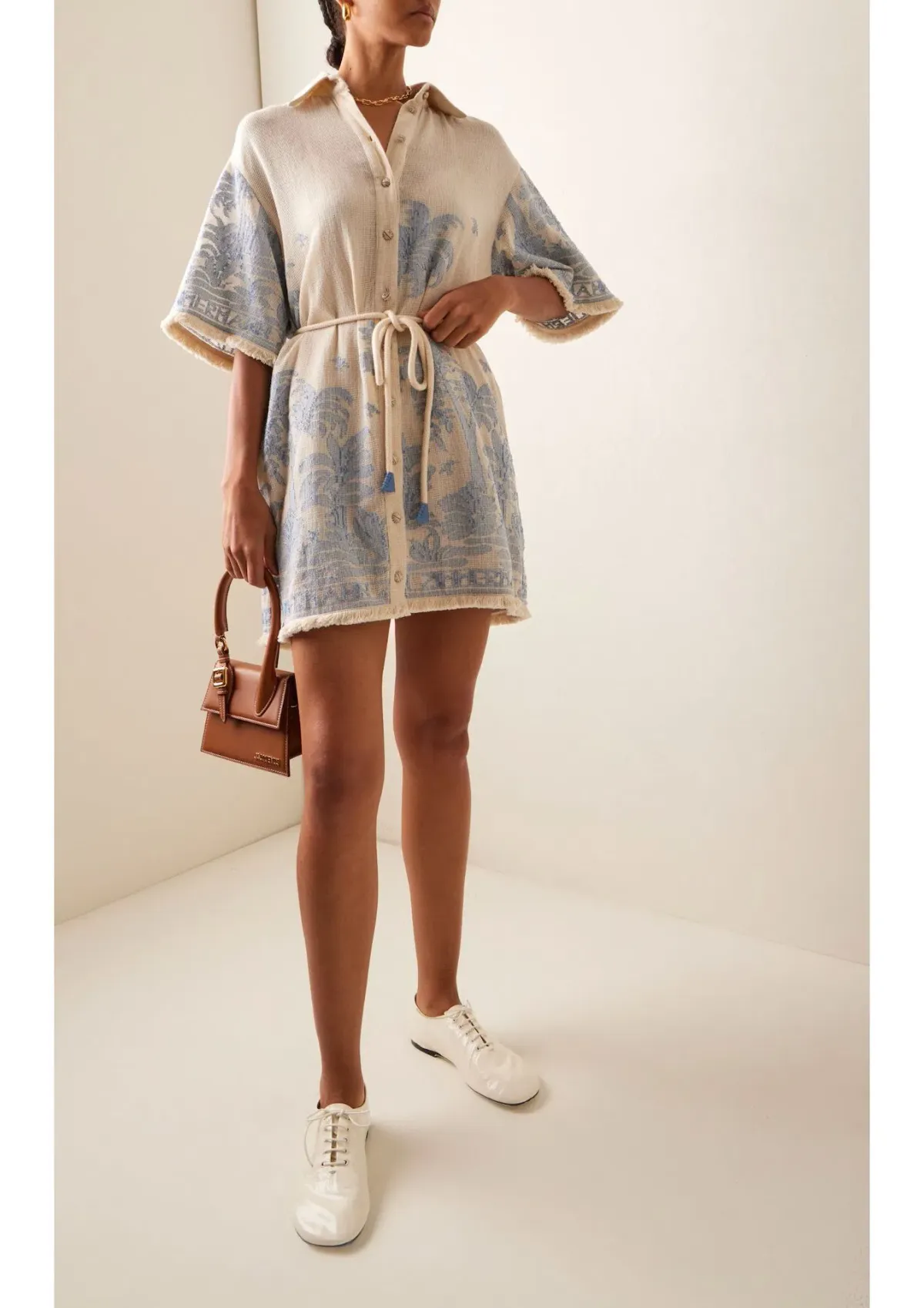 Zimmermann Ottie Palm Mini Shirt Dress Cream/Blue Size 0 / AU 8 - Image 1