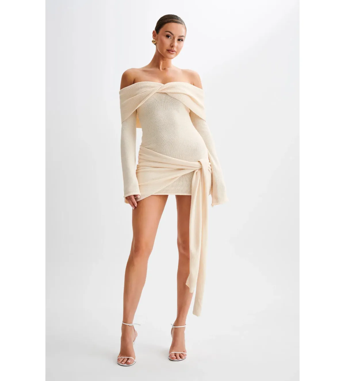 MESHKI Camryn Off Shoulder Tie Knit Mini Dress in Cream Marle Size S/AU 8 for rent on The Volte - main image
