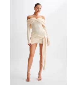 MESHKI Camryn Off Shoulder Tie Knit Mini Dress in Cream Marle Size S/AU 8 for rent on The Volte - image 1