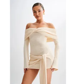 MESHKI Camryn Off Shoulder Tie Knit Mini Dress in Cream Marle Size S/AU 8 for rent on The Volte - image 4