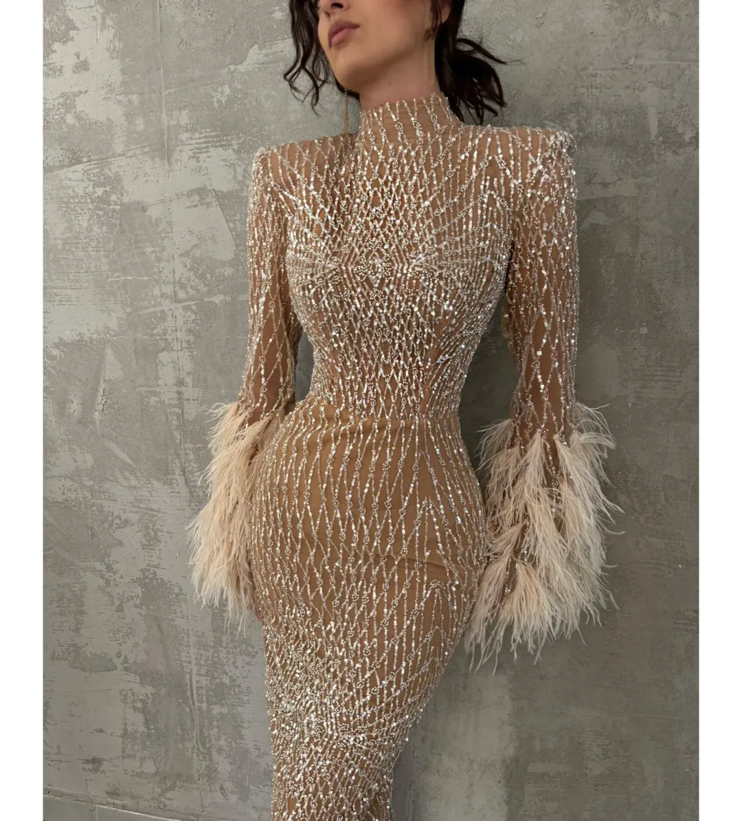 Vildane Kamerolli Elegant Feather Golden Maxi Dress Size AU 8 for rent on The Volte - main image