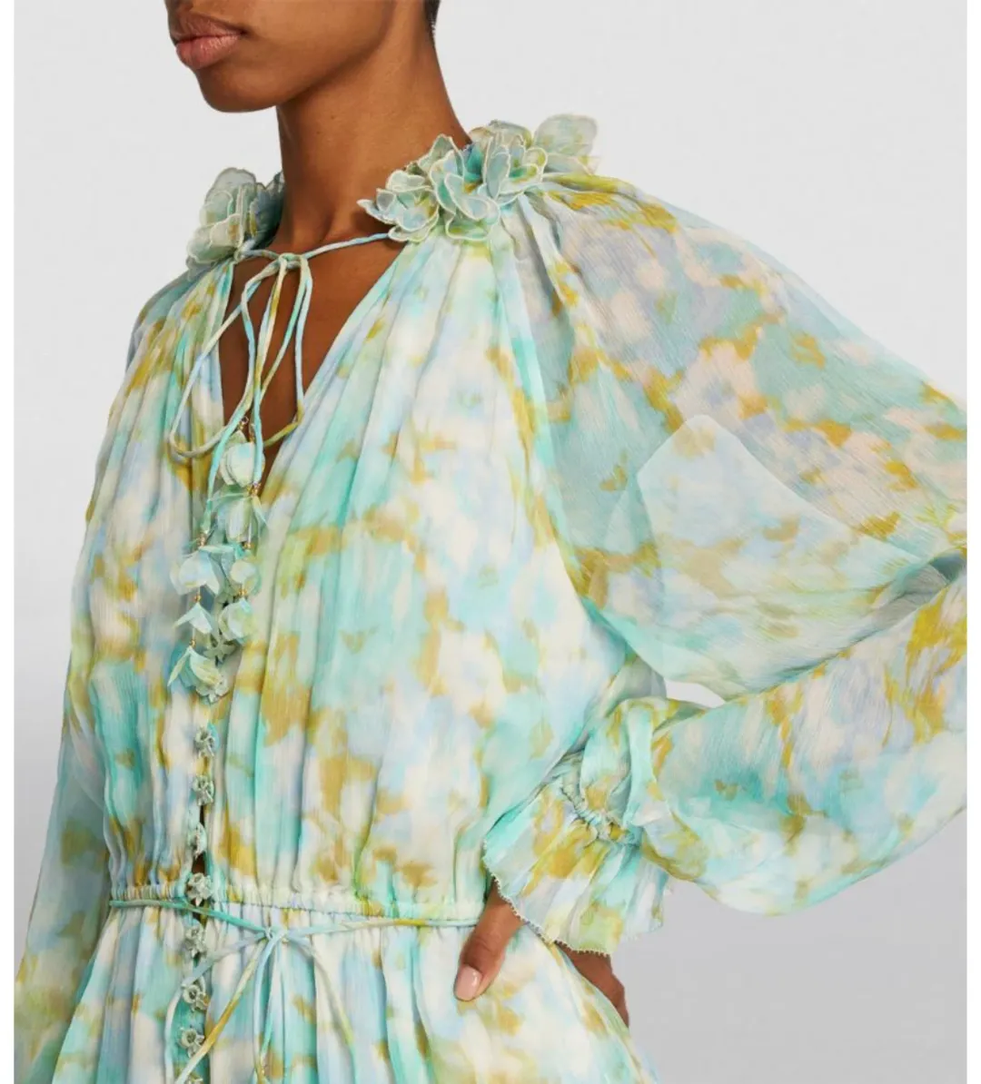 Zimmermann High Tide Flutter Embellished Floral-Print Silk-Crepon Playsuit Green Size 1/AU 8 for rent on The Volte - main image