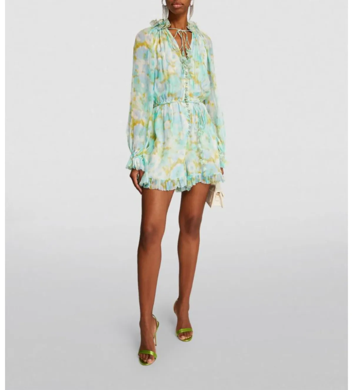 Zimmermann High Tide Flutter Embellished Floral-Print Silk-Crepon Playsuit Green Size 1/AU 8 - Image 1