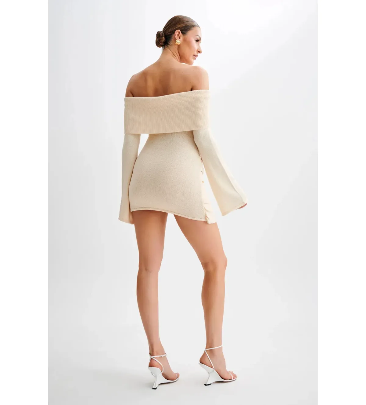 MESHKI Camryn Off Shoulder Tie Knit Mini Dress in Cream Marle Size XS/AU 6 - Image 5