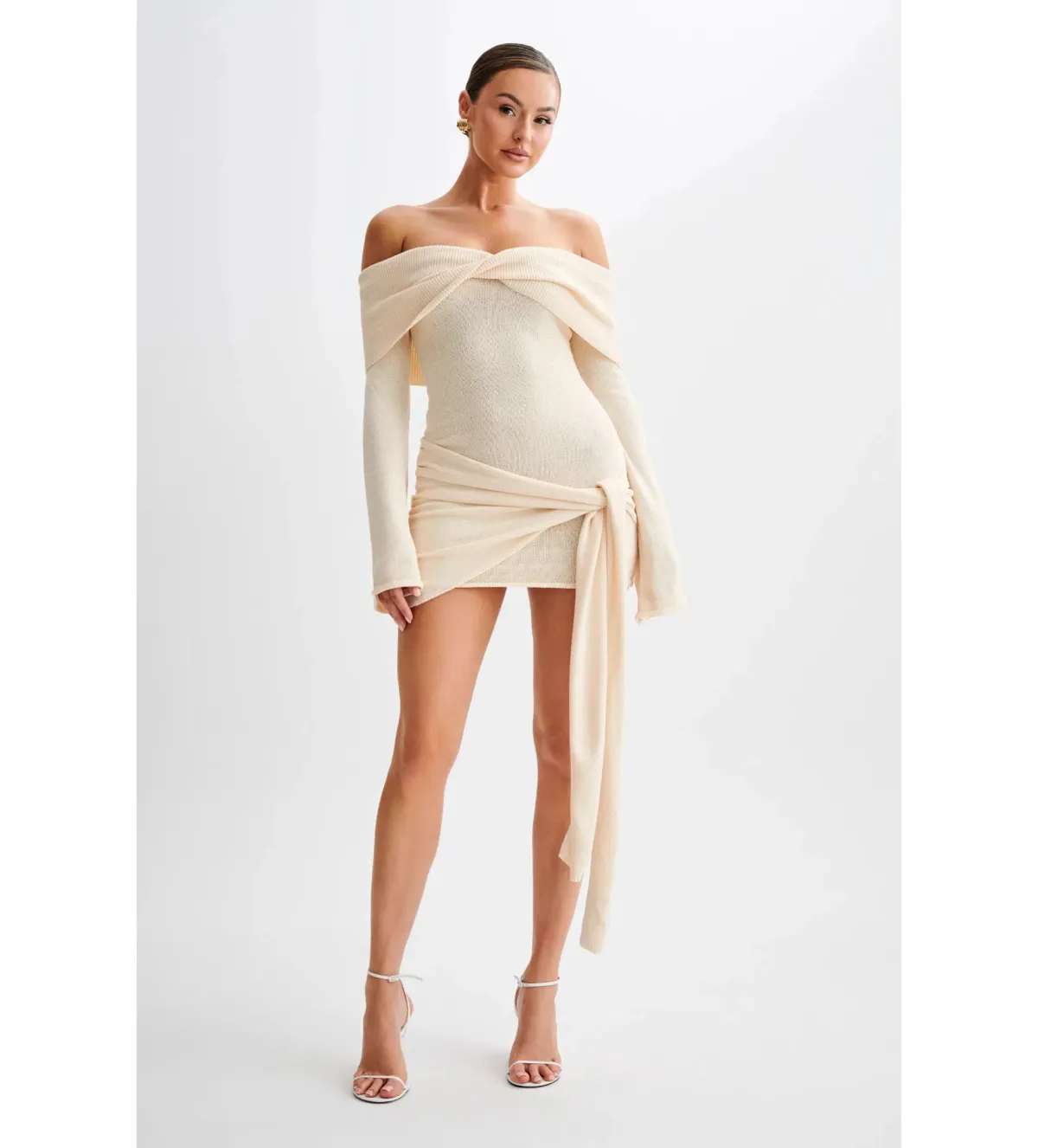 MESHKI Camryn Off Shoulder Tie Knit Mini Dress in Cream Marle Size XS/AU 6 - Image 1