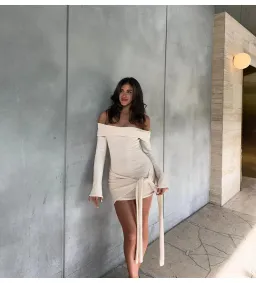 MESHKI Camryn Off Shoulder Tie Knit Mini Dress in Cream Marle Size XS/AU 6 for rent on The Volte - image 6