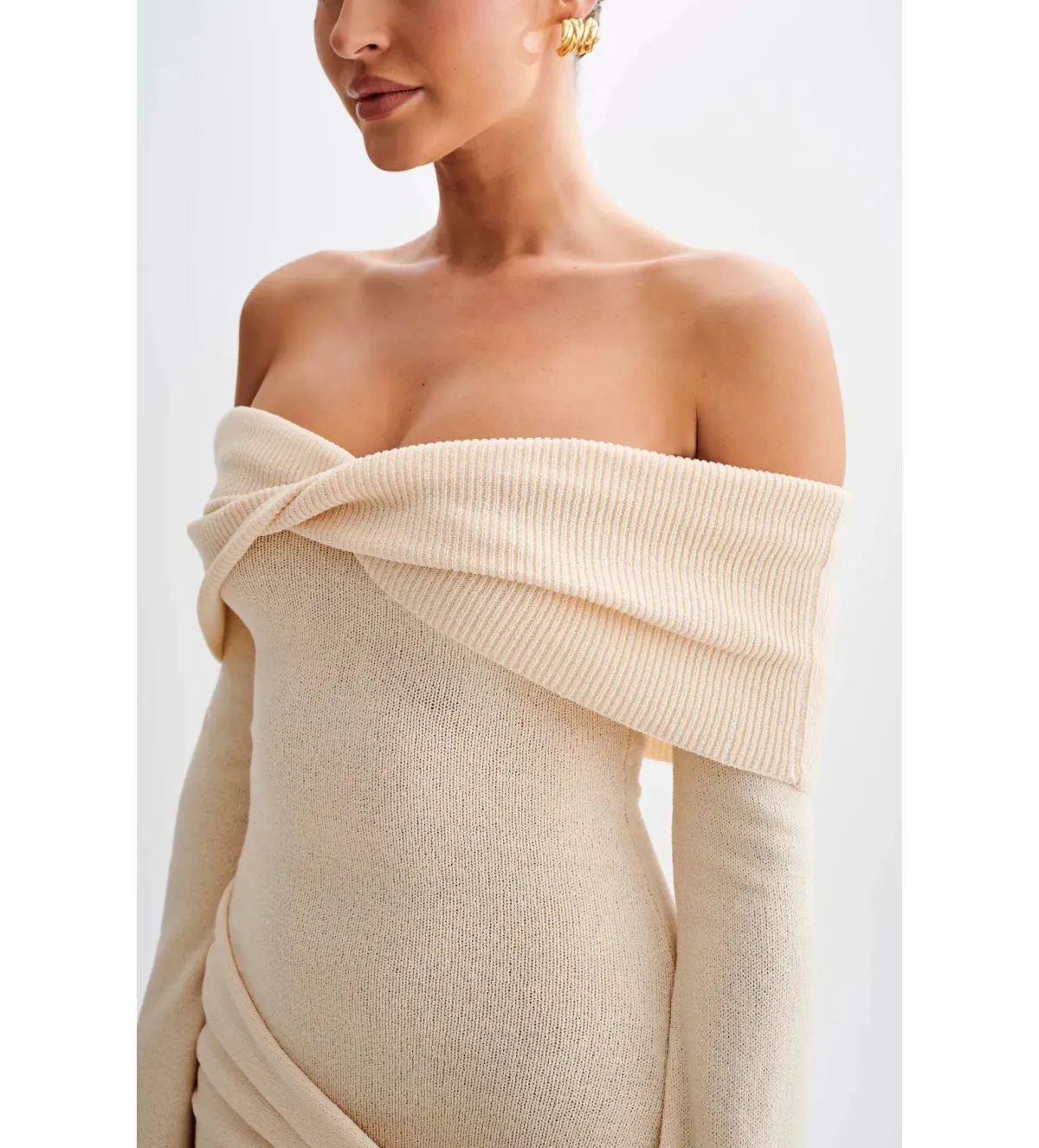 MESHKI Camryn Off Shoulder Tie Knit Mini Dress in Cream Marle Size XS/AU 6 - Image 4