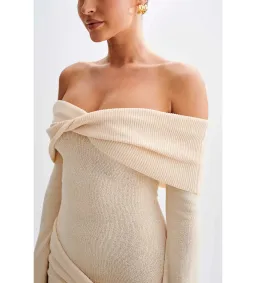 MESHKI Camryn Off Shoulder Tie Knit Mini Dress in Cream Marle Size XS/AU 6 for rent on The Volte - image 4
