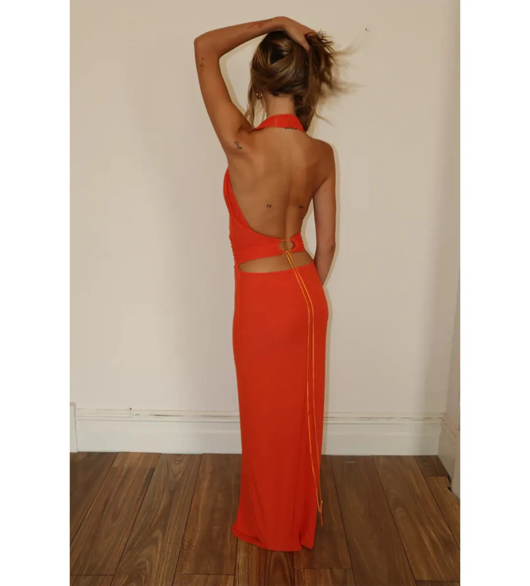 Deconduarte Astor Maxi Dress in Power Mesh/Tangerine Size AU 8 for rent on The Volte - main image
