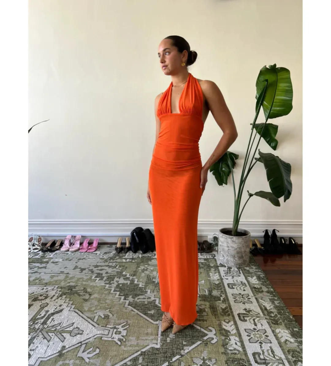 Deconduarte Astor Maxi Dress in Power Mesh/Tangerine Size AU 8 for rent on The Volte - main image