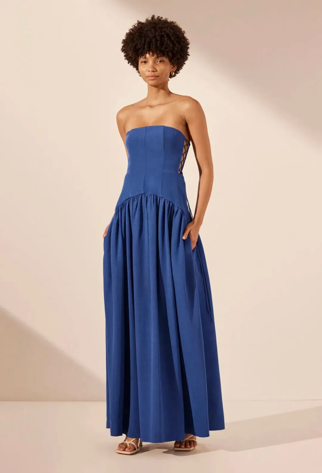 Shona Joy Vento Lace Up Strapless Maxi Dress in Cobalt Blue Size 10 for rent on The Volte - main image