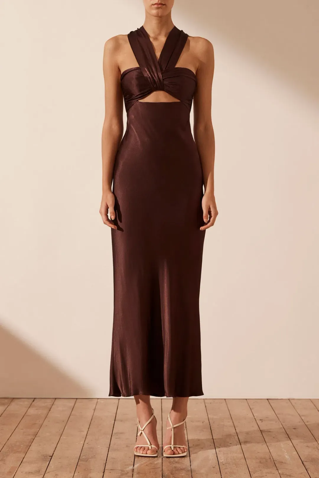 Shona Joy Lana Ruched Halter Midi Dress Cocoa Size 6 for rent on The Volte - main image