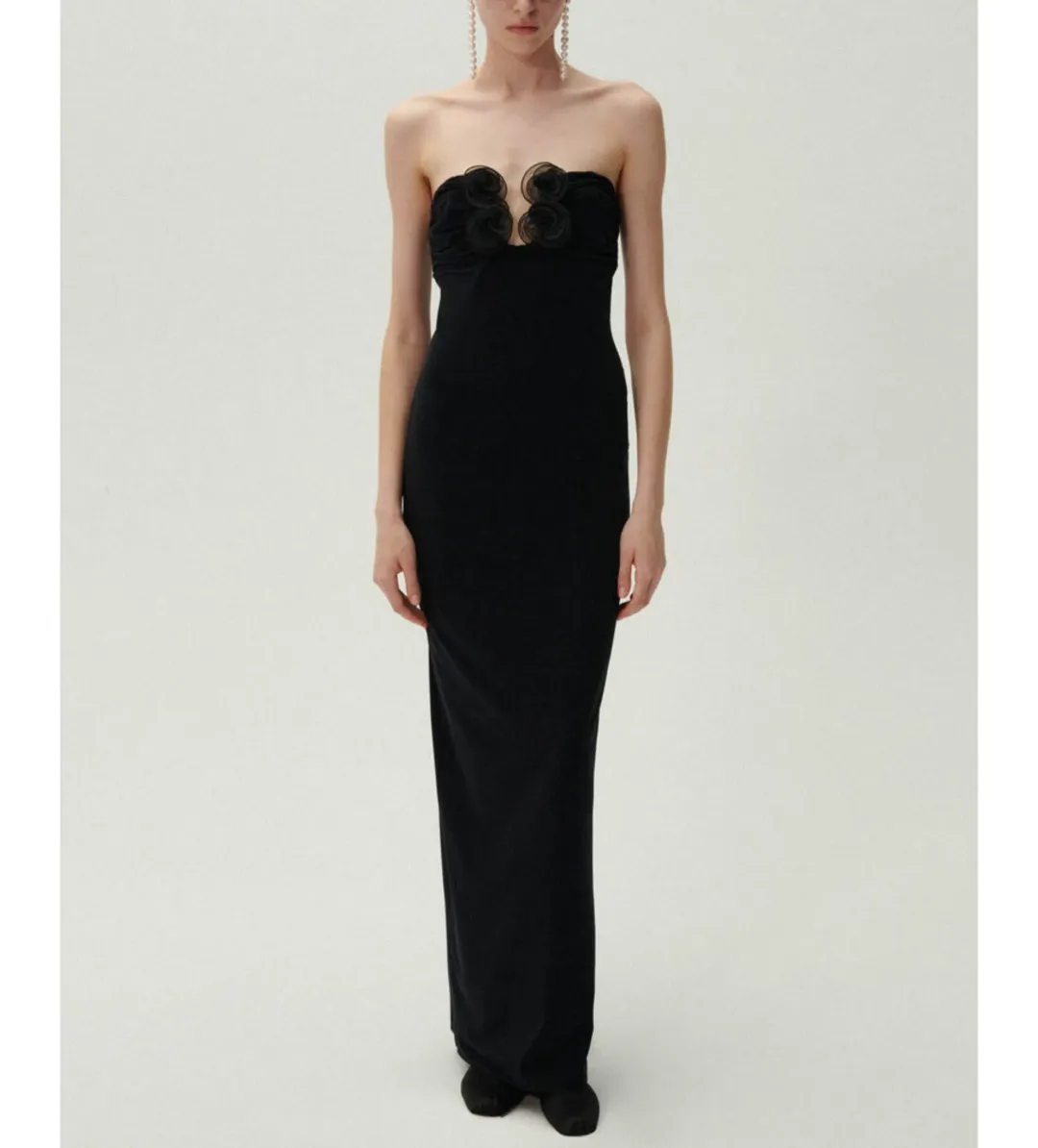 Magda Butrym Strapless Flower Appliqué Maxi Dress Black Size 6 for rent on The Volte - main image