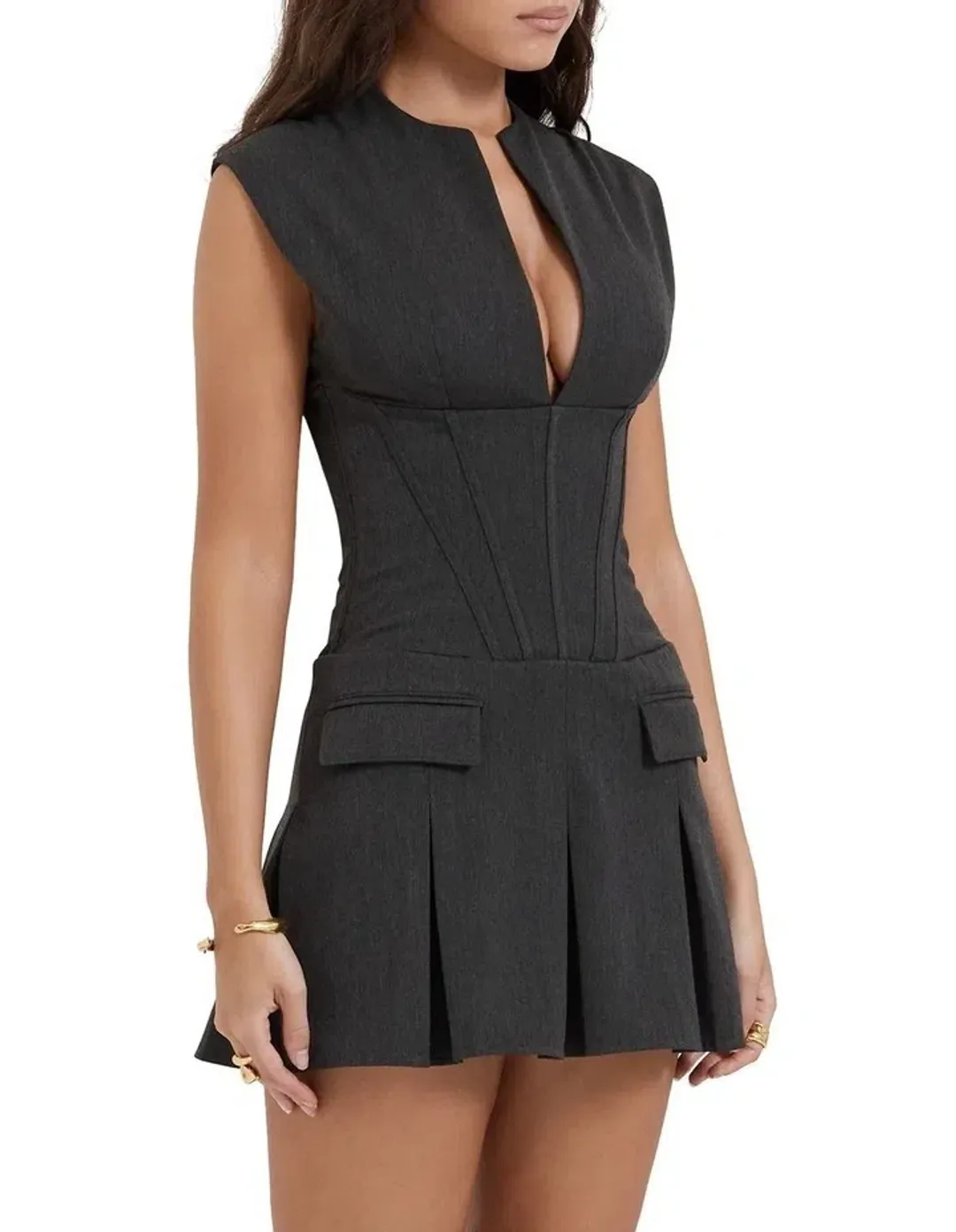 House of CB Eleanor Pleated Corset Mini Dress in Charcoal Size 6 for rent on The Volte - main image