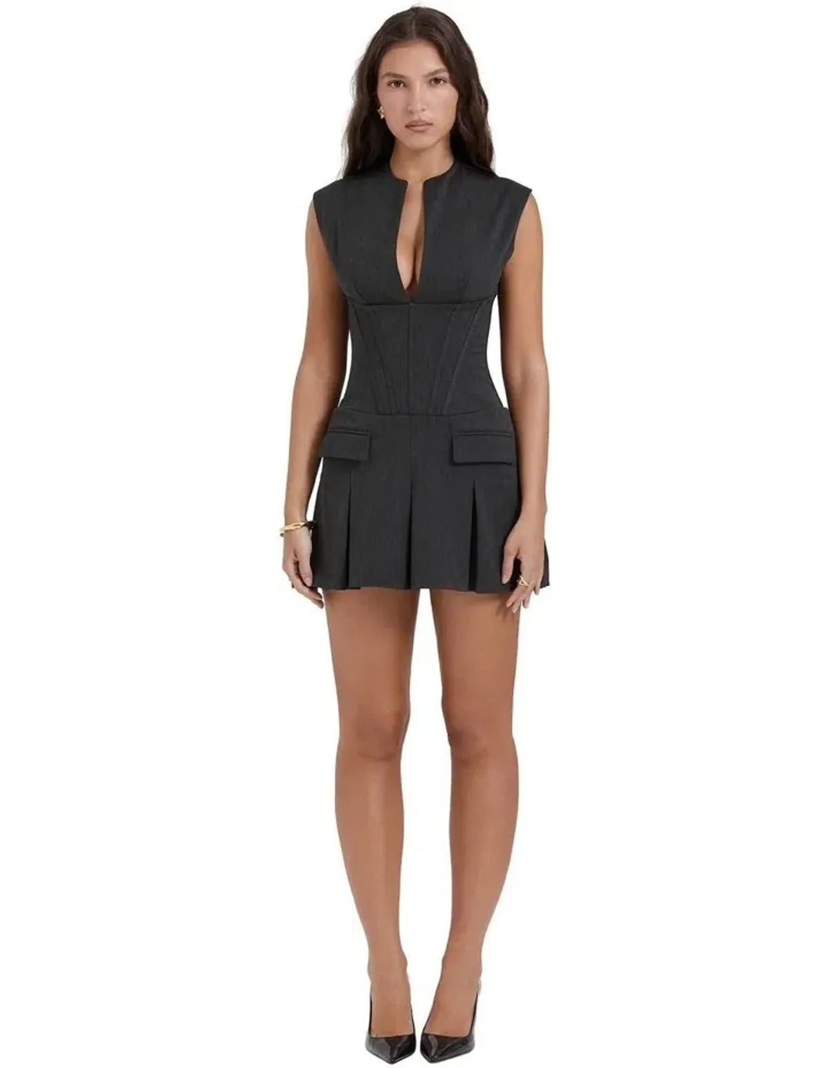 House of CB Eleanor Pleated Corset Mini Dress in Charcoal Size 6 - Image 1