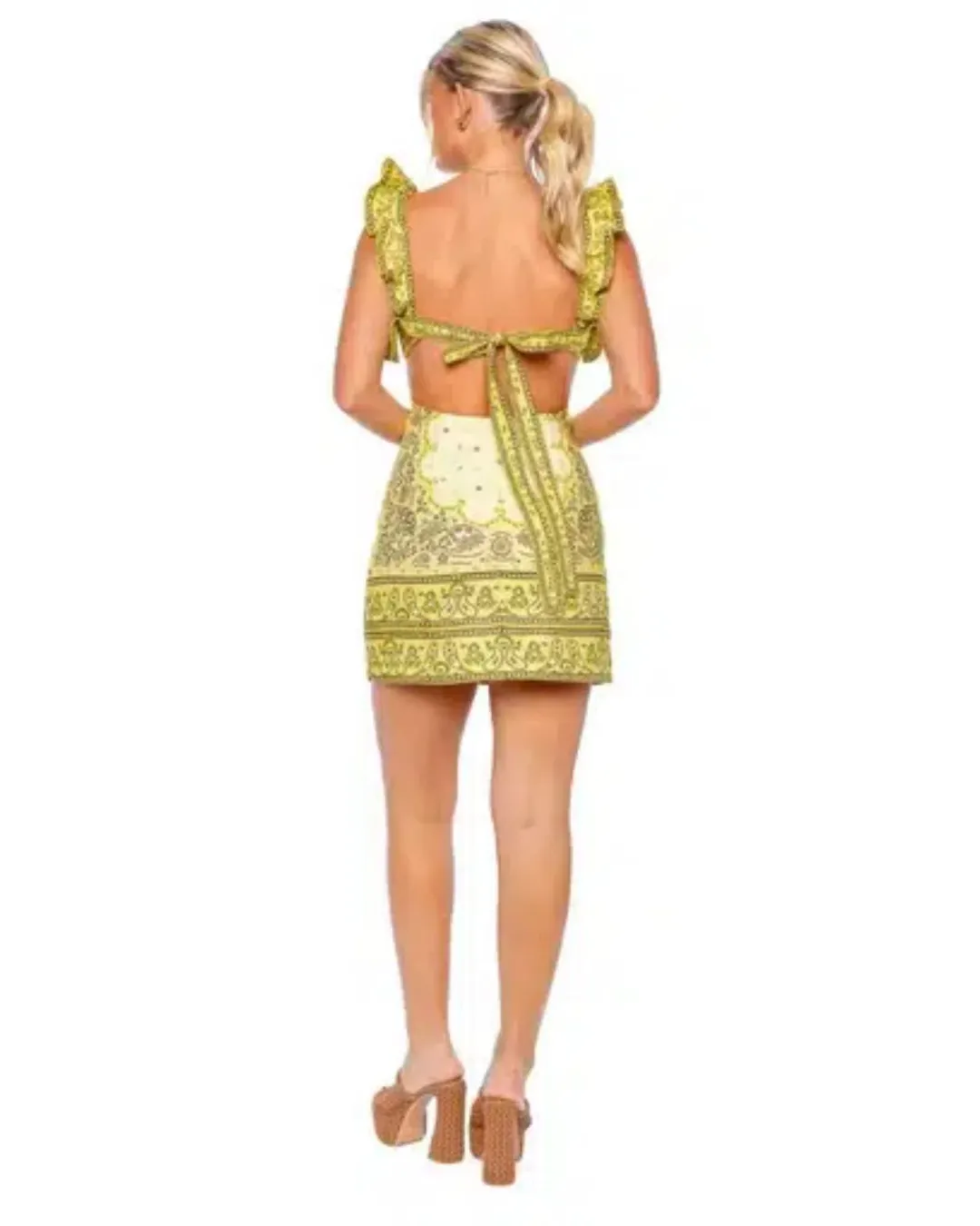 Zimmermann Matchmaker Cutout Ruffled Printed Linen Mini Dress Yellow Bandana Size 2 / AU 12 for rent on The Volte - main image