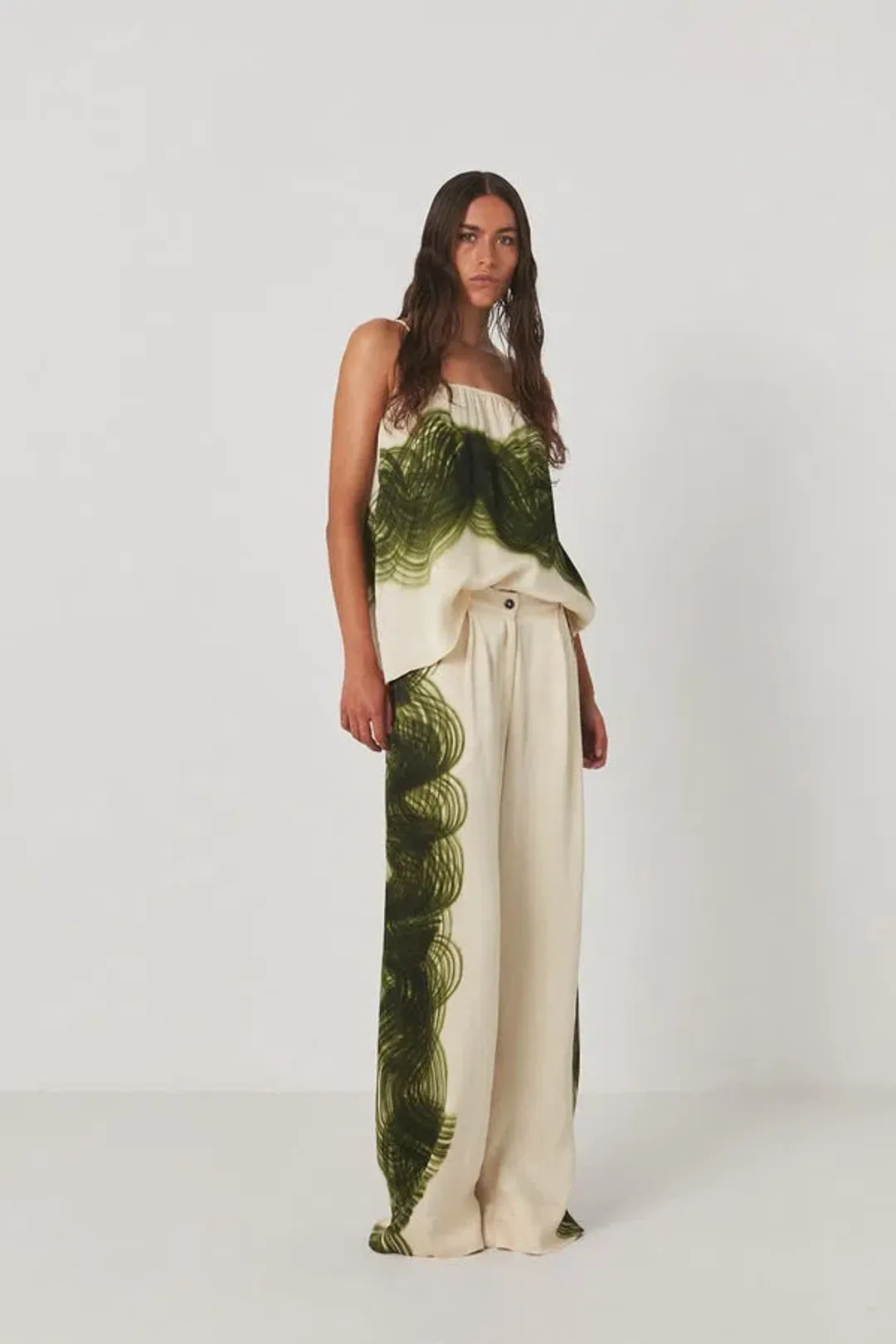 Rabens Saloner Briana Swirl Pleat Wide Pant Olive Chalk Combo Size AU 10 for rent on The Volte - main image