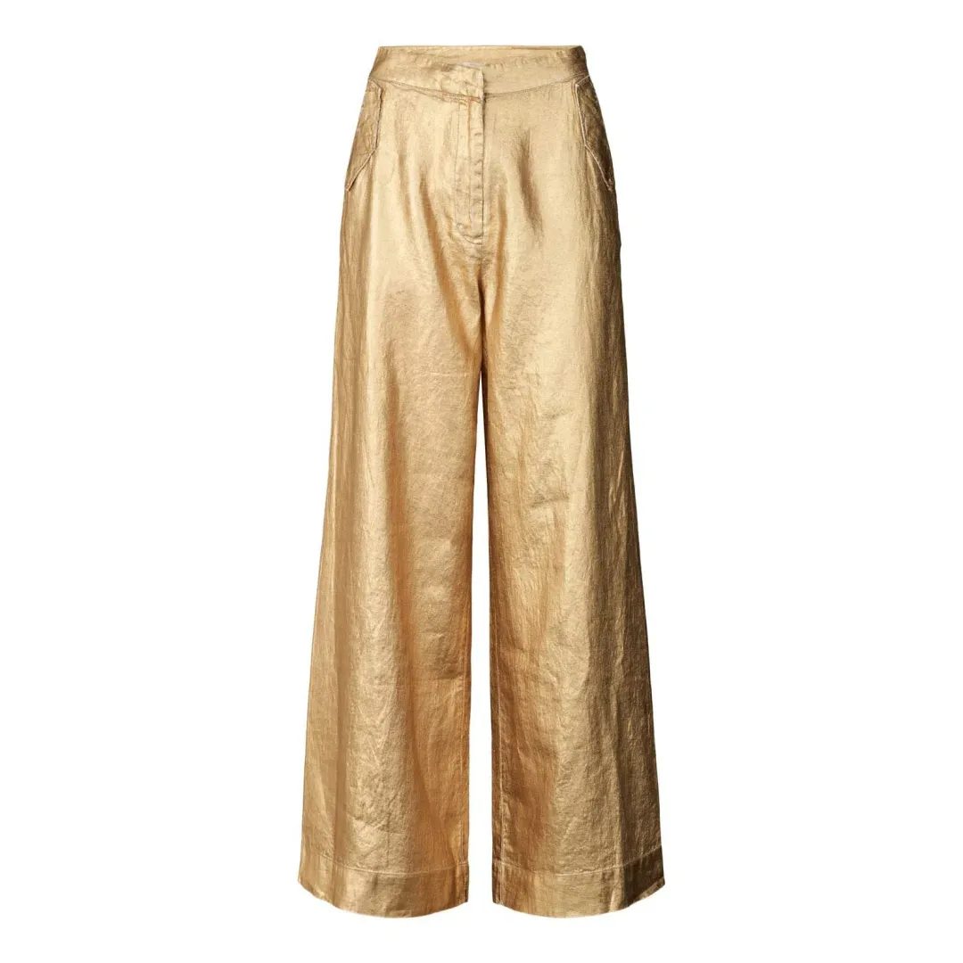 Rabens Saloner Inja Midas Wide Leg Pant Gold Size AU 10 for rent on The Volte - main image