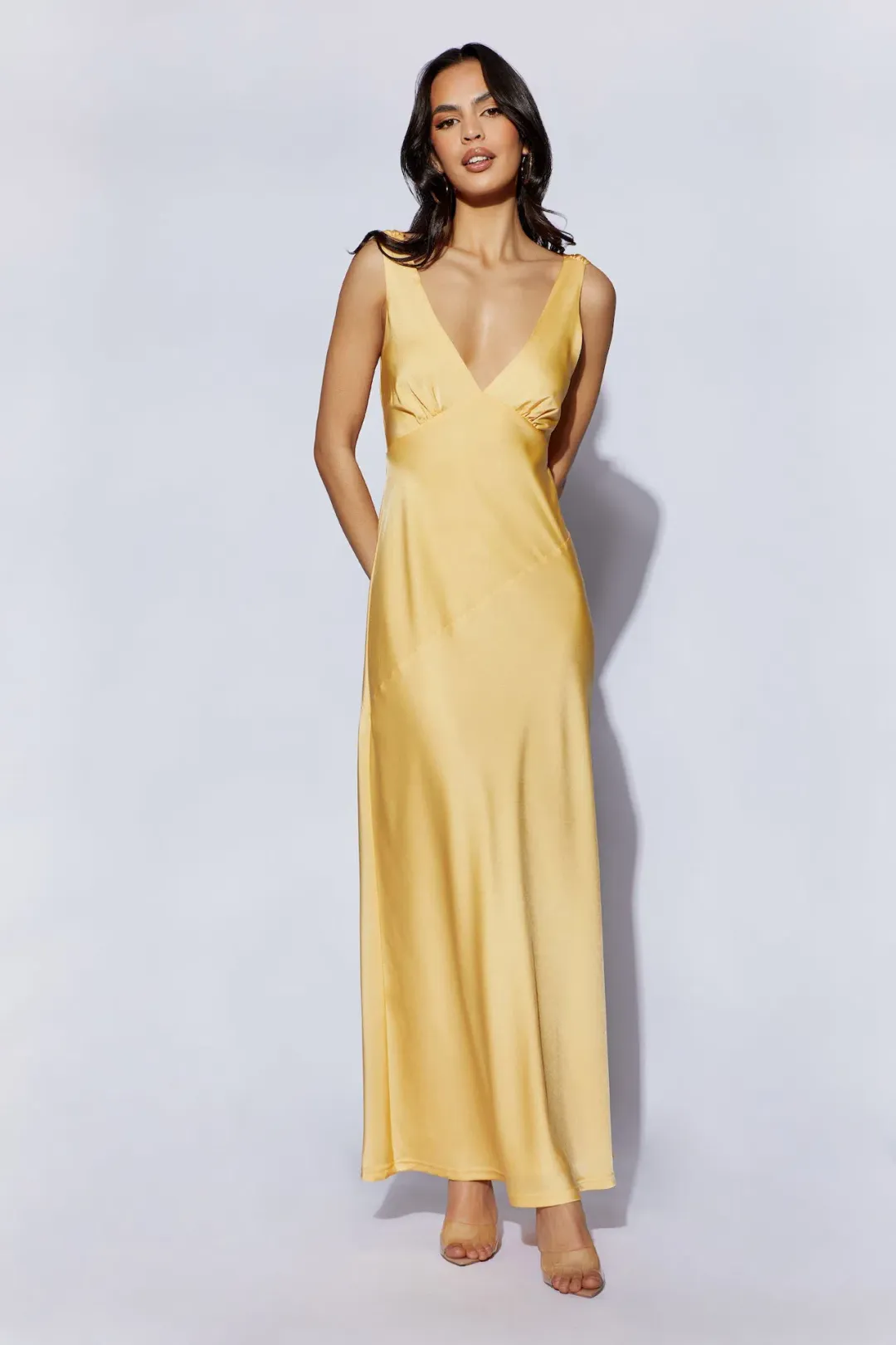 Meshki Nadia Maxi Satin Dress With Back Cowl in Lemon Size XS / AU 6 for rent on The Volte - main image